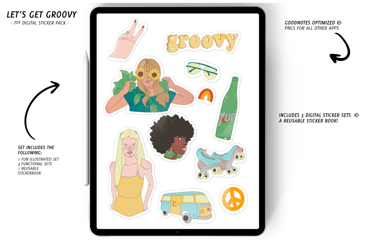 Groovy Digital Sticker Pack PNGs, a Stationery Template by Bella+Sophia Creative (Photo 1 of 5)