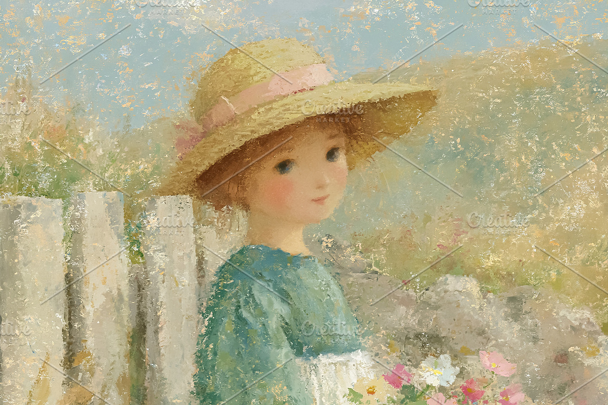 Young girl in a straw hat and white apron standing in a lush wil, an Illustration by Studio ANNA