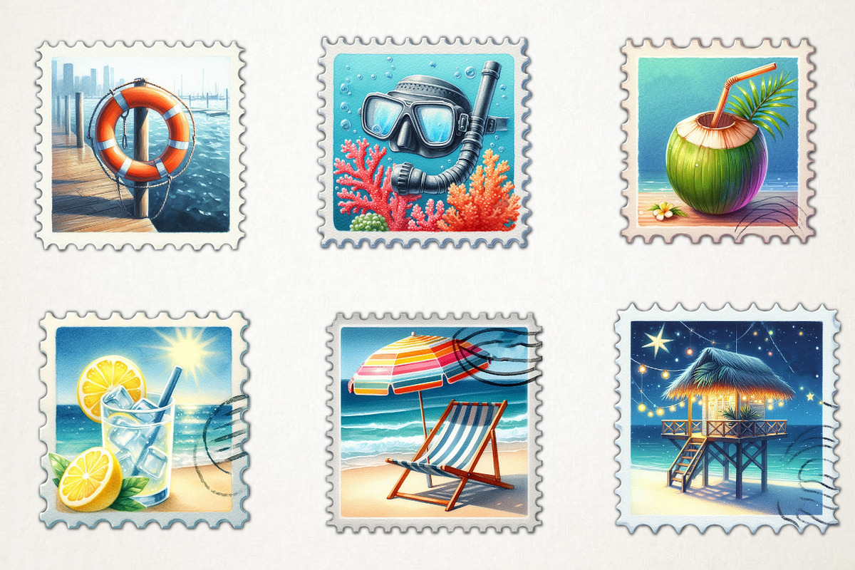 Summer Beach Postage Stamp Clipart, an Illustration by RobertsArt (Photo 3 of 5)