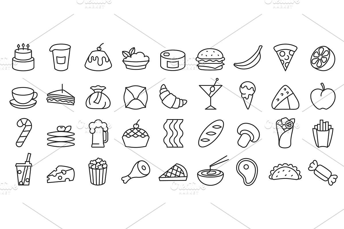 Food and drink line icons. Fast food, a Food Illustration by winwin.art