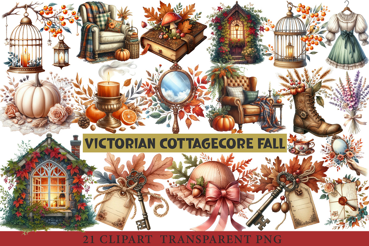 Victorian Cottagecore Fall Clipart, an Illustration by cherrydesign (Photo 1 of 3)