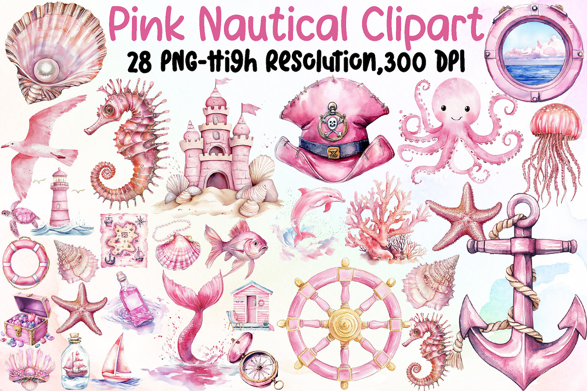 Watercolor Pink Nautical Clipart, an Illustration by Sublimation Artist (Photo 1 of 6)