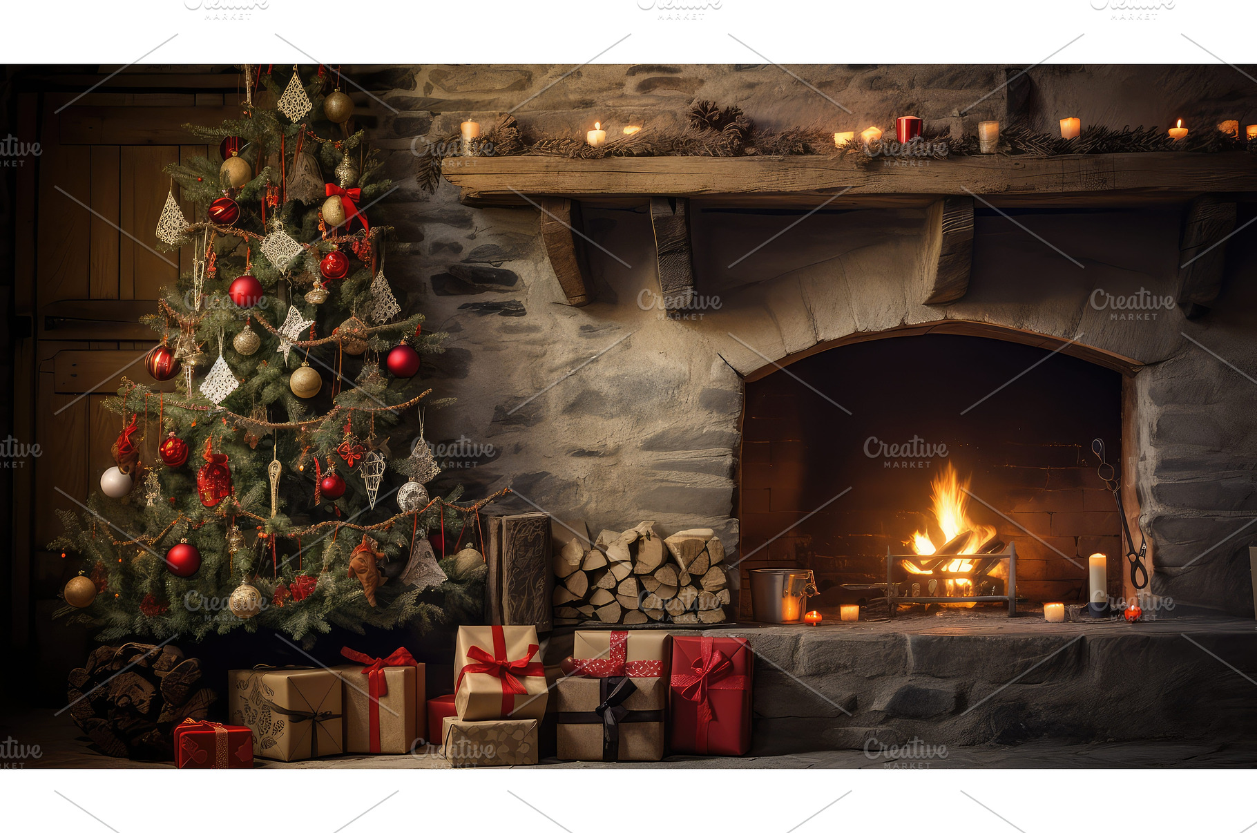 rustic christmas tree by fireplace, a Holiday Photo by pikepicture