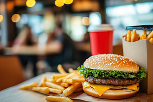 Burger with baked potatoes on blurred fast food restaurant backg, a Food & Drink Photo by AlyaAnd