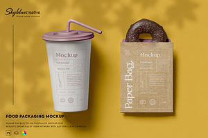 Paper Cup with Bag and Donut Mockup