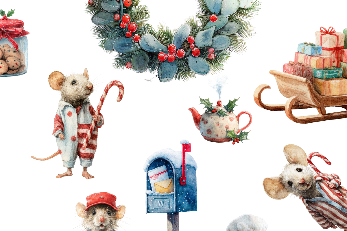 Christmas Mouse Clipart Set, a Decorative Illustration by Pati Paints (Photo 1 of 11)