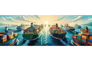 Cargo ships loaded with colorful, an Illustration by tilialucida