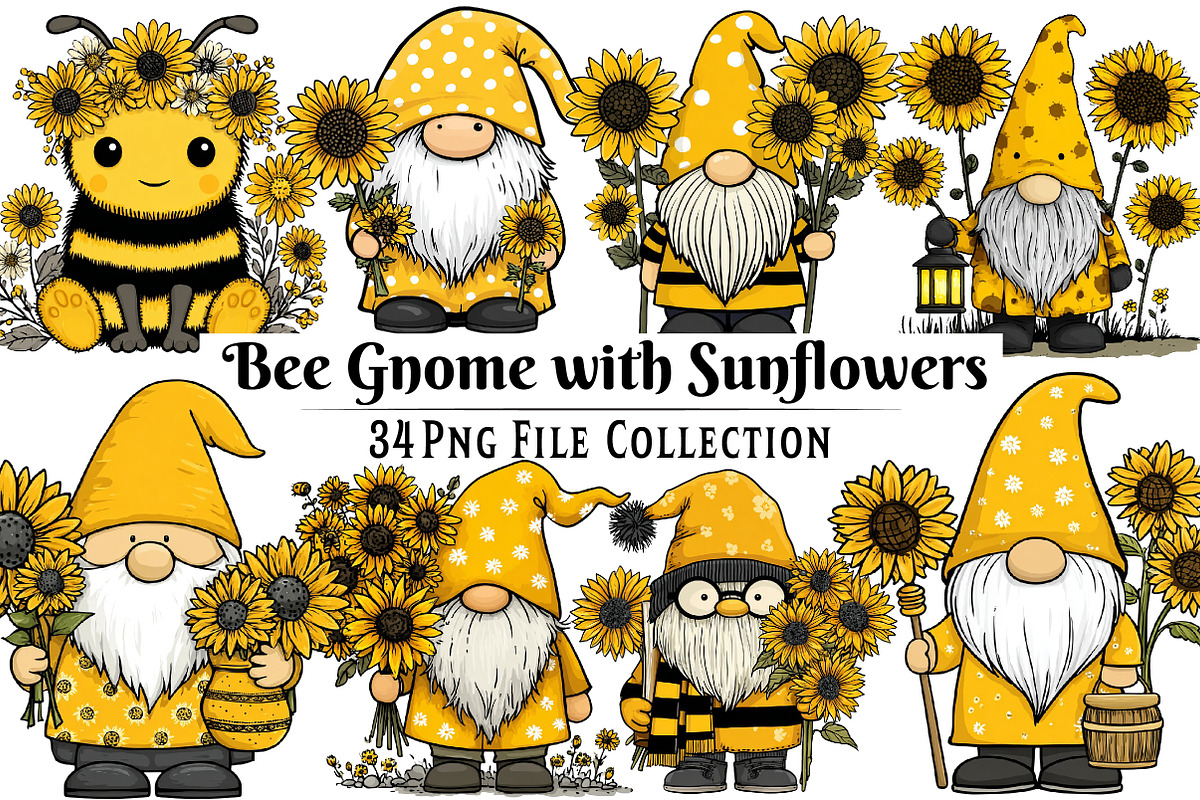 Bee Gnome with Sunflowers Clipart, an Illustration by Dream Creation (Photo 1 of 7)