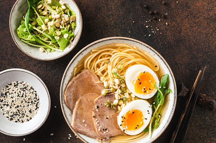 Ramen soup noodle bowl with egg, a Food & Drink Photo by The baking man