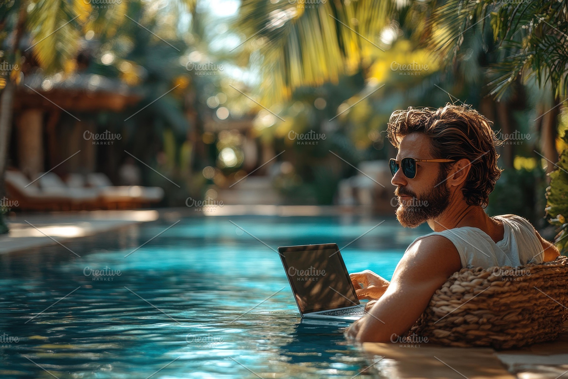 Relaxing by the pool, a man works on, a Photo by Tanuart