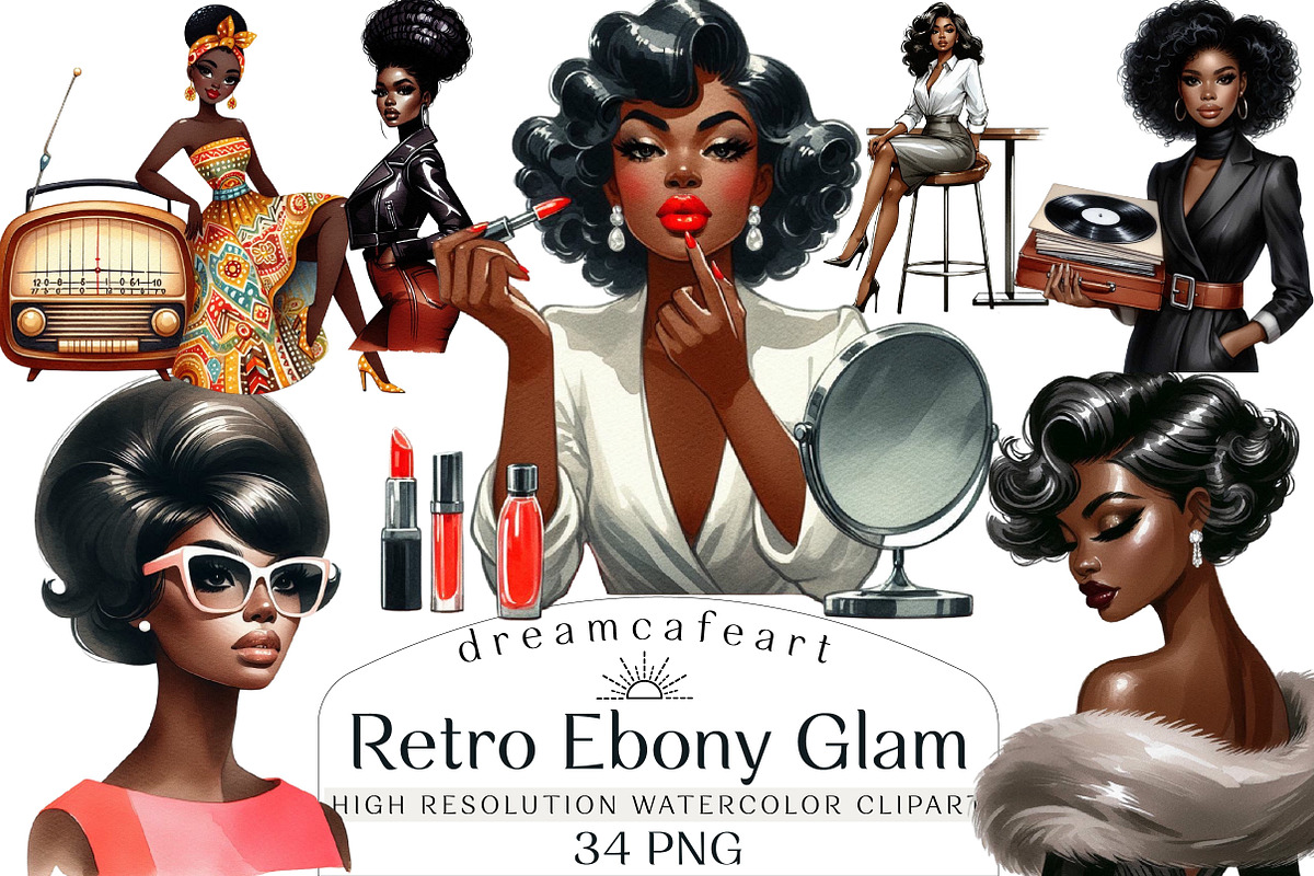 Retro Ebony Glam Clipart, an Illustration by DreamCafeArt (Photo 1 of 6)