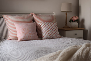 Cozy bedroom interior featuring various pillows with stripes and, a Photo by Studio ANNA
