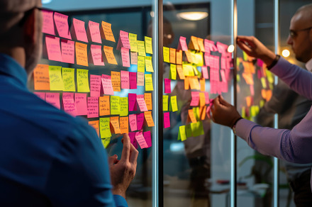 A close - up of a glass board, covered in colorful post - its an, a Business Photo by designvectx