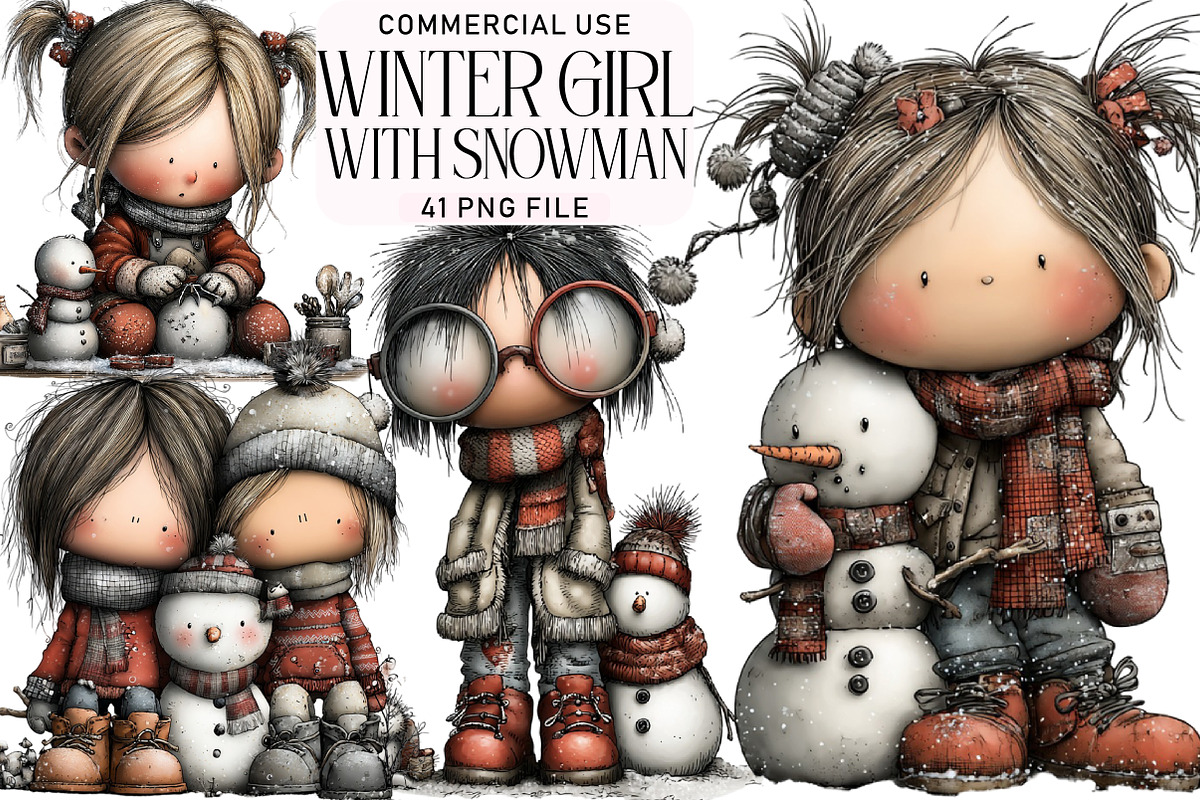 Quirky Winter Girl with Snowman Clip, an Illustration by Daily.Designs (Photo 1 of 5)