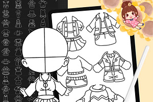 60 Procreate Chibi Clothes Stamp, a Brush Add-On by DrawingStoryShop
