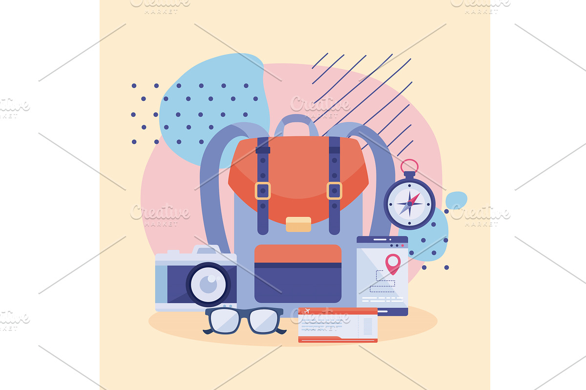 tarvelbag and travel icons, an Object Illustration by studiogstock