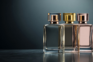Luxury fragrance bottles displaying elegant clear, gold, and ros, a Photo by Studio ANNA