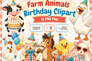 Farm Animals Birthday Clipart Bundle, a Seasonal Illustration by Tanya Kart