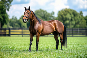 Beautiful thoroughbred horse stands, a Photo by Pavel_design