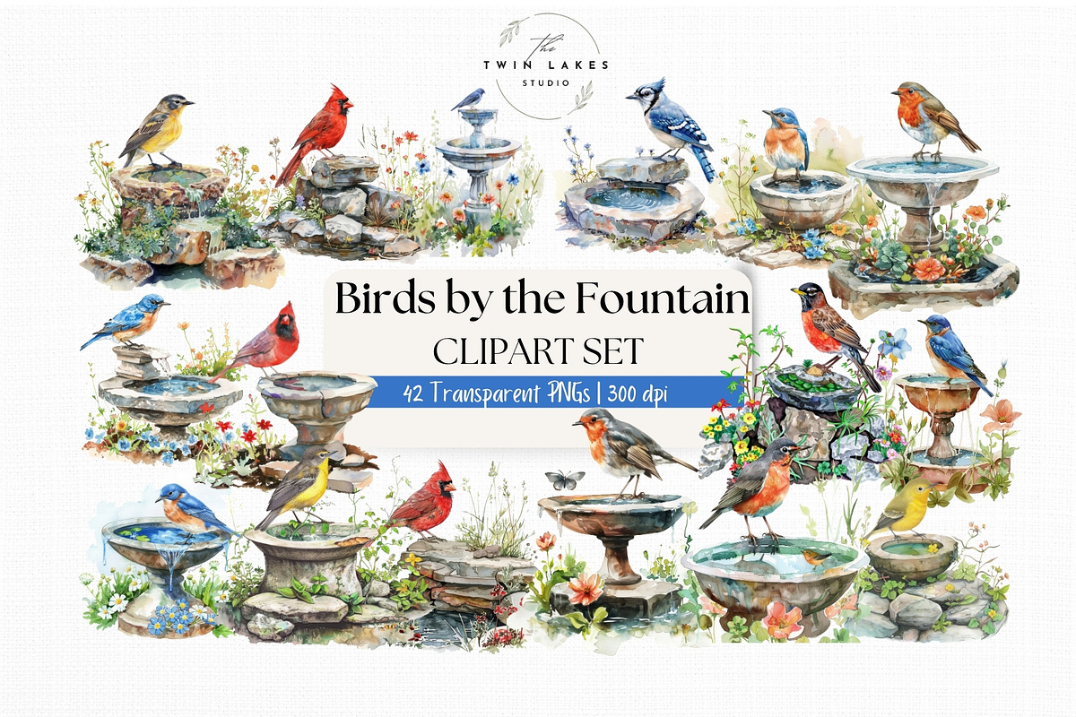 Birds on Water Fountain Clipart Set, an Animal Illustration by The Twin Lakes Studio (Photo 1 of 9)