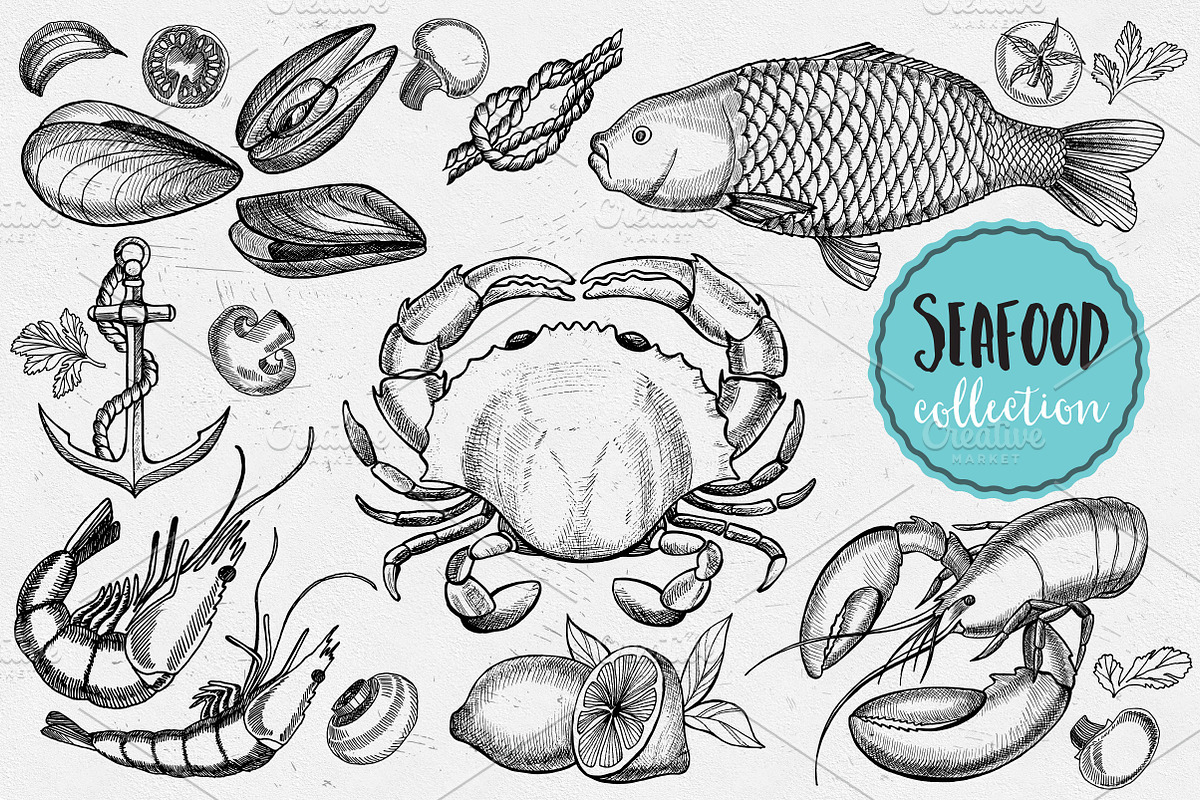 Seafood doodle 21 elements, a Food Illustration by BarcelonaShop (Photo 2 of 3)
