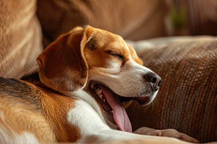 Cozy Beagle Enjoying a Relaxing Yawn on a Comfy Sofa - Generativ, an Animal Photo by José Manuel Gelpi