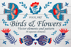 Folk Art Birds and Flowers., an Animal Illustration by Kira Konoshenko