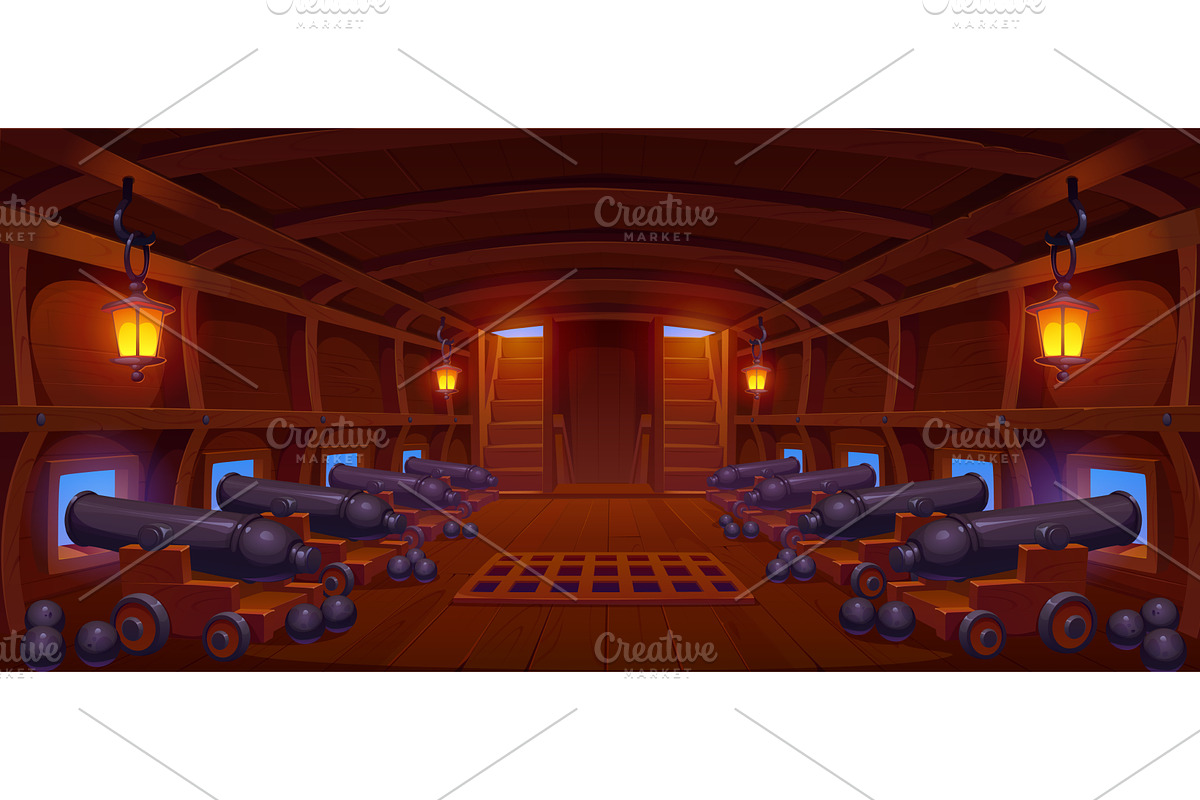 Cannon deck interior on pirate ship, a Transportation Illustration by Vector Tradition
