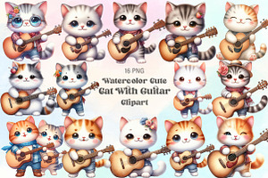 Watercolor Cat With Guitar Clipart, an Illustration by CraftArtStudio
