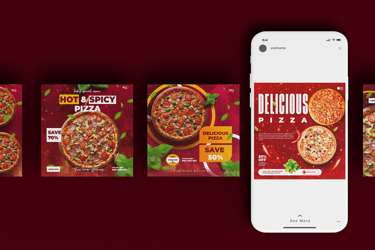 6 pizza social media post designs, a Social Media Template by graphic bakers (Photo 4 of 4)