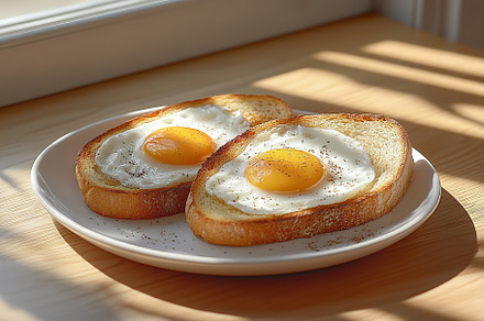 Toasted bread with fried eggs, a Food & Drink Photo by AlyaAnd