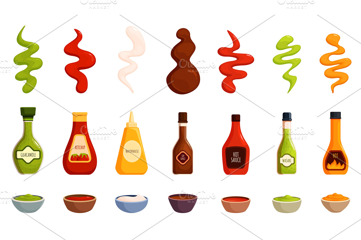 Sauces in bowls. Ketchup mayonnaise, a Food Illustration by Valerie Bodnar