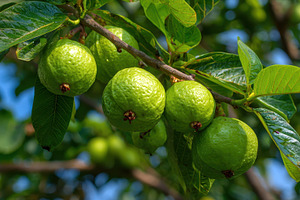 Green guavas growing on a tree branc, a Photo by Pixeness Studio