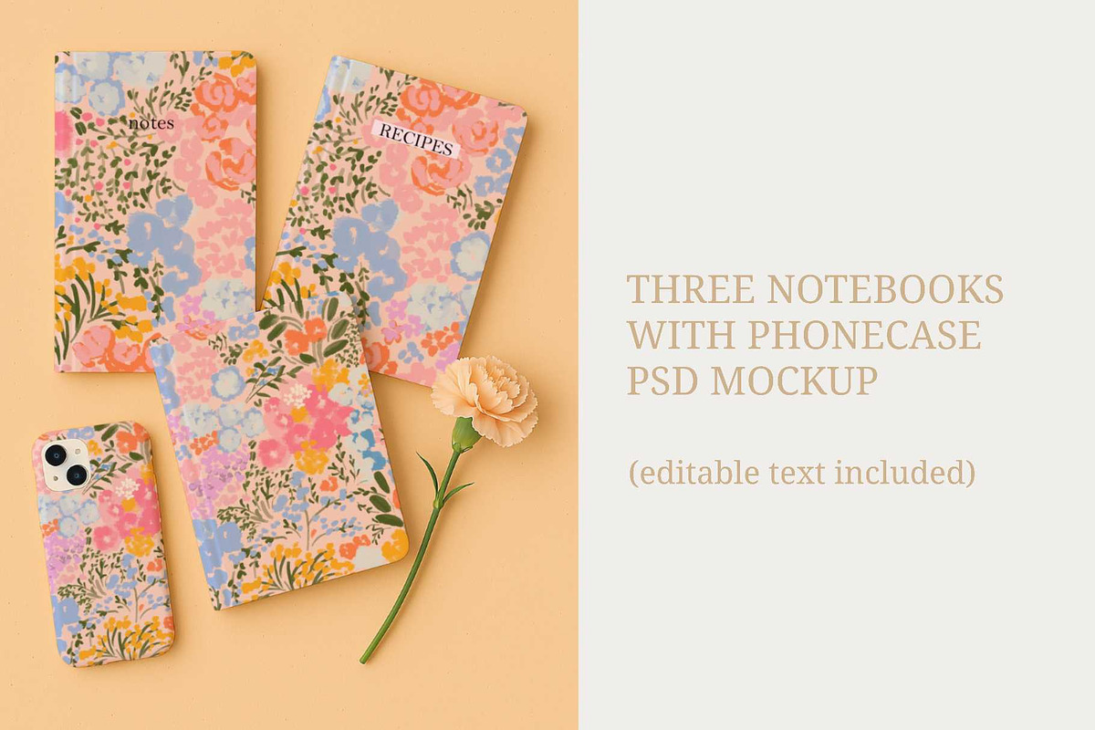 Three notebooks with phonecase PSD, a Merchandise Mockup by jenartstudio (Photo 2 of 2)