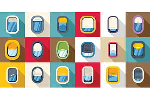 Airplane window icons set flat, an Object Illustration by Ylivdesign