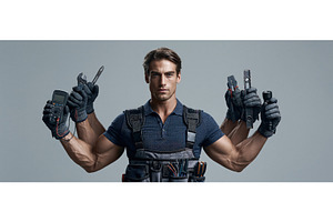 Muscular Multi-Armed Electrician, an Industrial Photo by piter.goskov