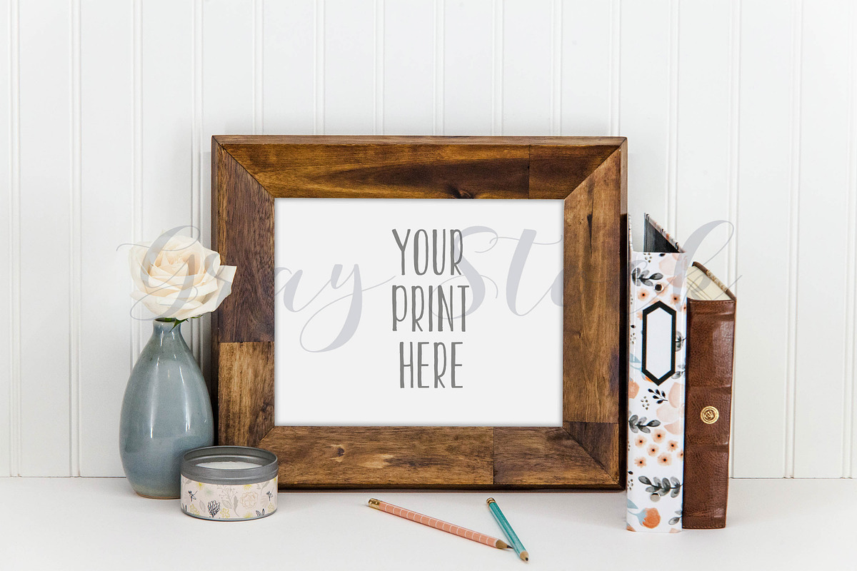 Desktop Wood Frame Mock Up, a Print Template by Gray Stock
