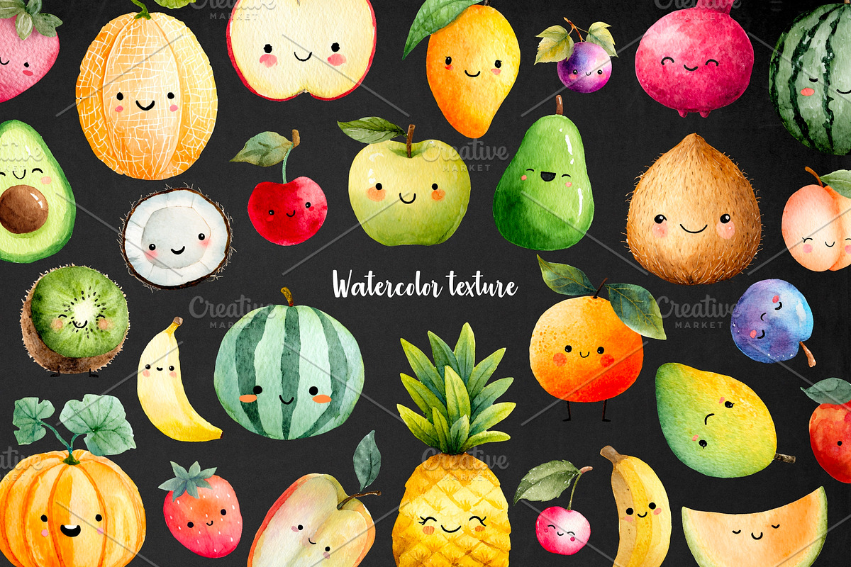 Watercolor Kawaii fruits clipart, a Food Illustration by Art and Funny (Photo 3 of 3)