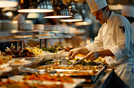 A skilled chef focuses on plating go, a Photo by Tanuart