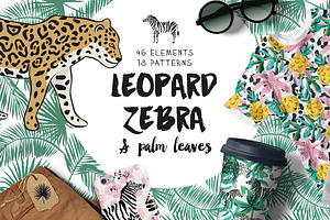 Leopard, zebra & palm leaves