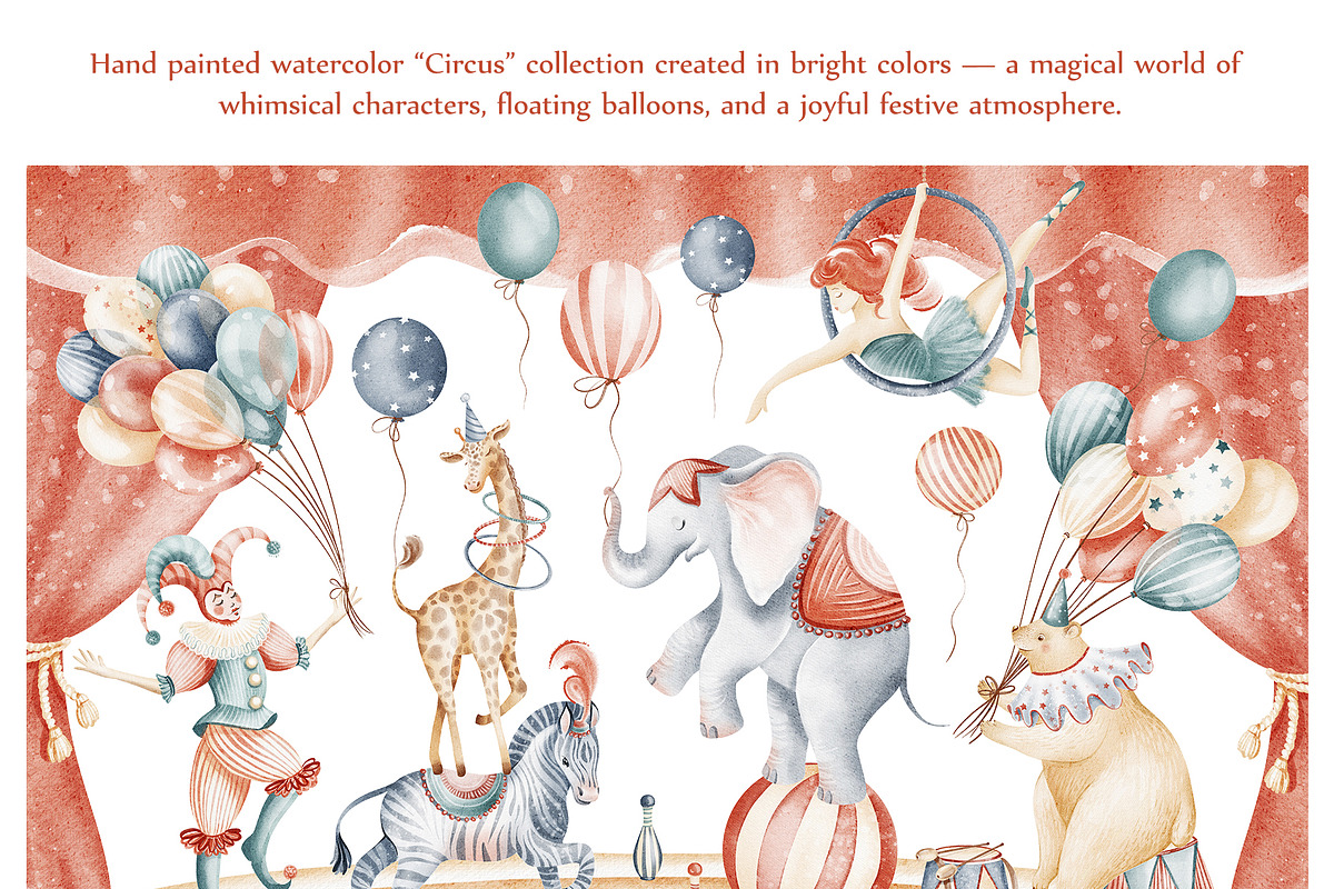 Cute Circus Watercolor Clipart Set, an Animal Illustration by LenArt (Photo 2 of 18)