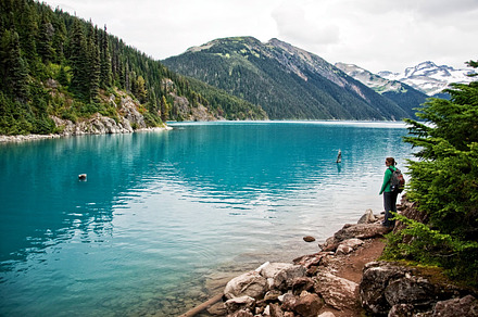 Girl Hiking along blue lake