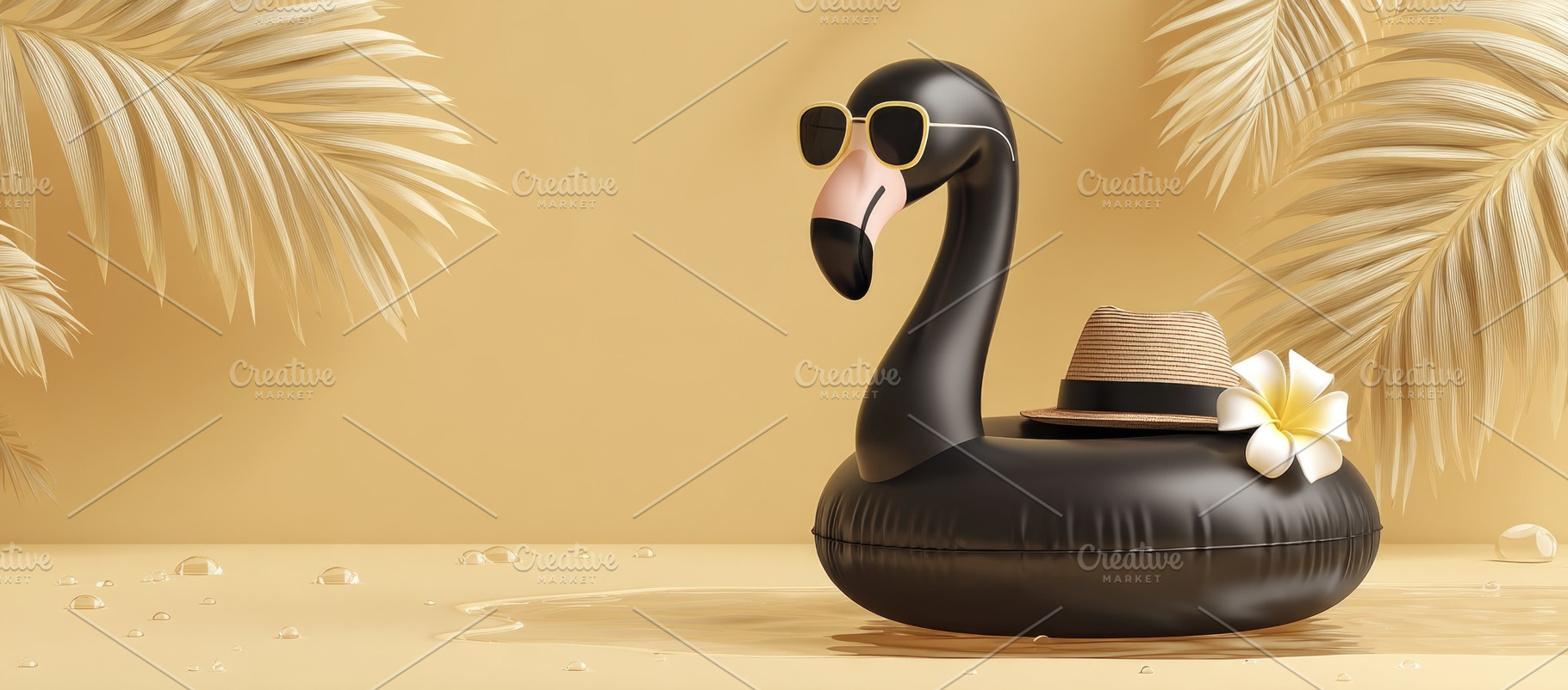 Black Flamingo Pool Float with Golden Tropical Leaves and Luxury, an Animal Photo by José Manuel Gelpi