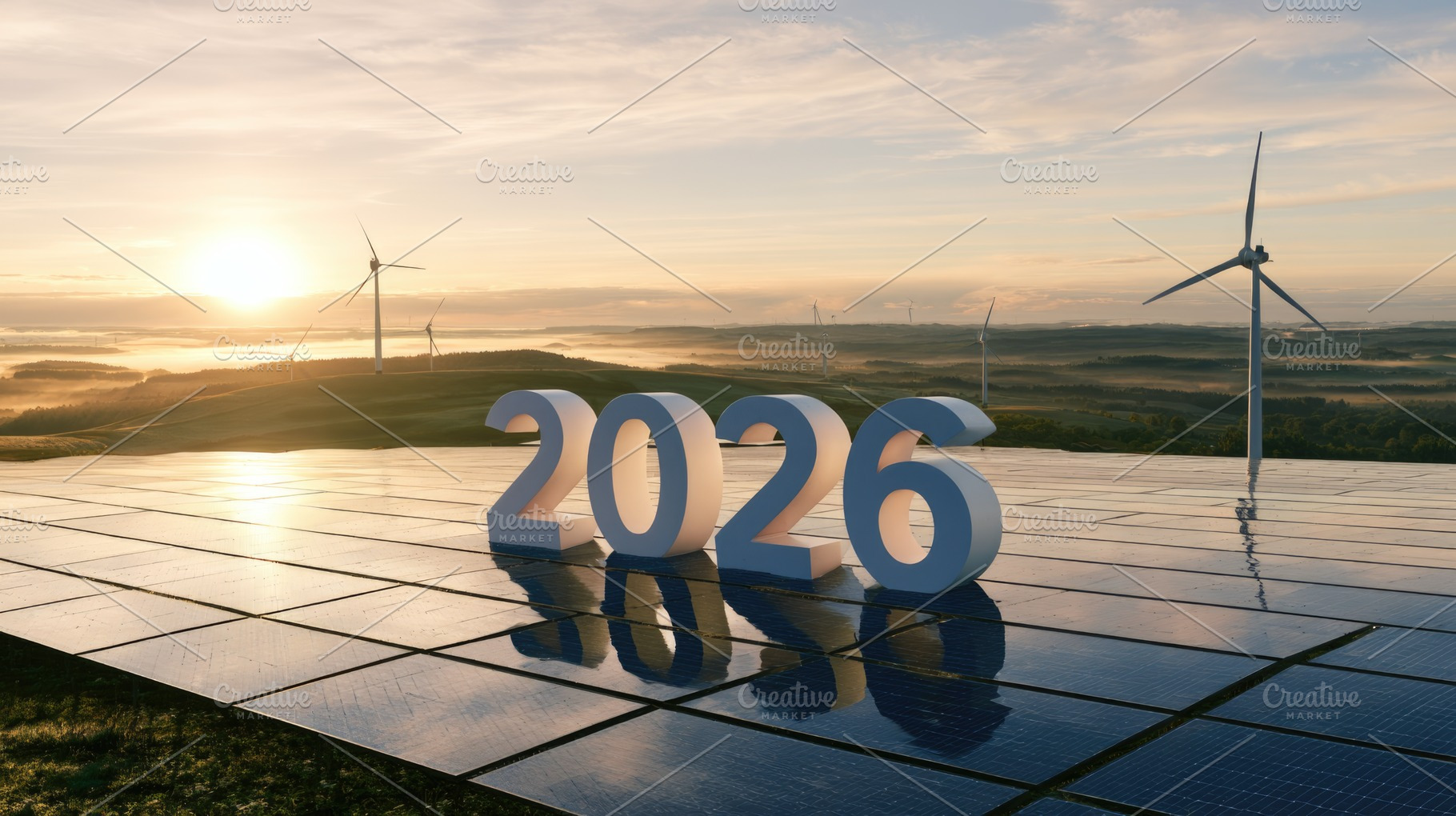 2026 with solar panels and wind turbines at sunrise, an Architecture Photo by José Manuel Gelpi