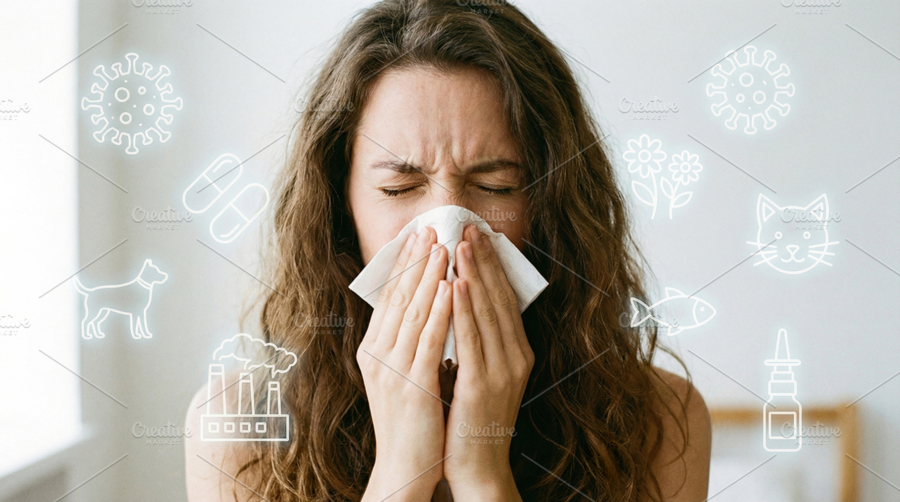 a girl sneezes into a napkin, a Person Photo by itakdalee