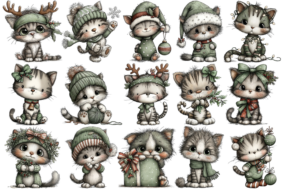 Whimsical Christmas Cat Clipart, an Illustration by Pixels.Craft (Photo 3 of 6)