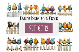 12 Quirky Birds on a Fence Clipart, an Animal Illustration by Art Paradise Studios