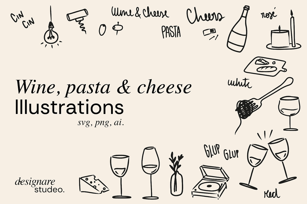 Wine, Pasta and Cheese Illustrations, a Decorative Illustration by ginni illustrations (Photo 1 of 5)