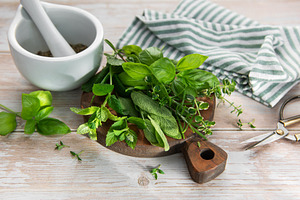 Fresh herbs for cooking with mortar and pestle, a Food & Drink Photo by Olena Rudo