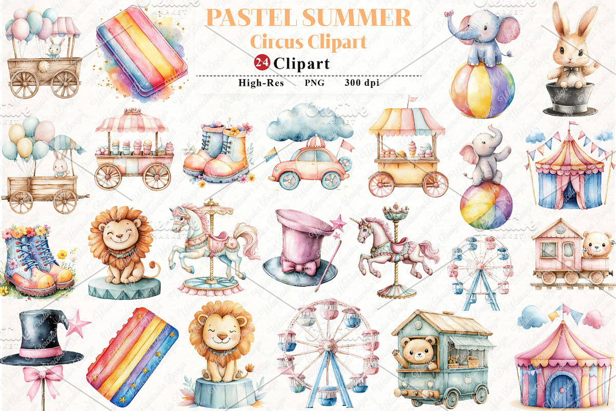 Pastel Summer Circus Clipart, an Illustration by Watercolor design (Photo 1 of 12)